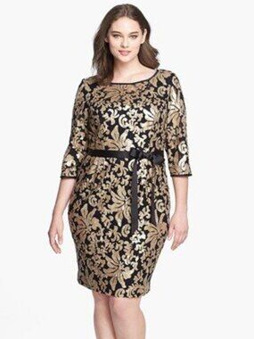 Alex Evenings Black Formal Dress with Gold Paillettes Sequin Design- Size 8